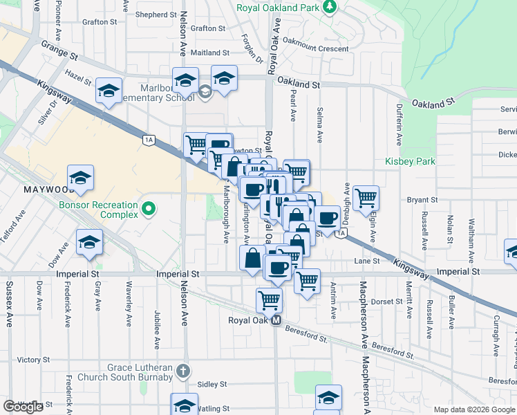 map of restaurants, bars, coffee shops, grocery stores, and more near 5172 Kingsway in Burnaby