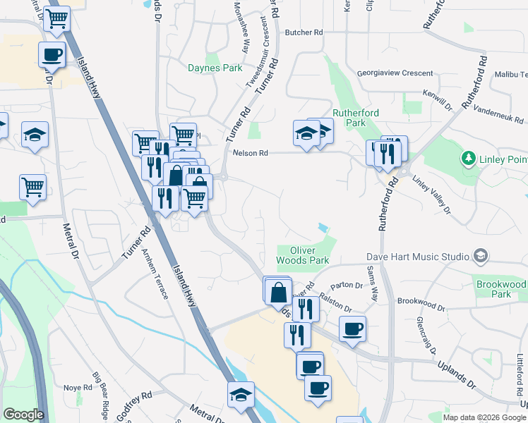 map of restaurants, bars, coffee shops, grocery stores, and more near 4750 Uplands Drive in Nanaimo