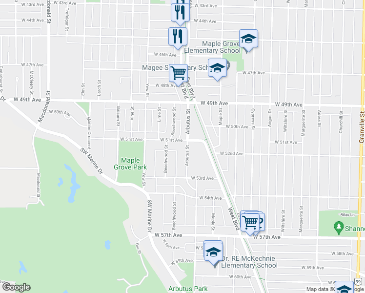 map of restaurants, bars, coffee shops, grocery stores, and more near 6713 Arbutus Street in Vancouver