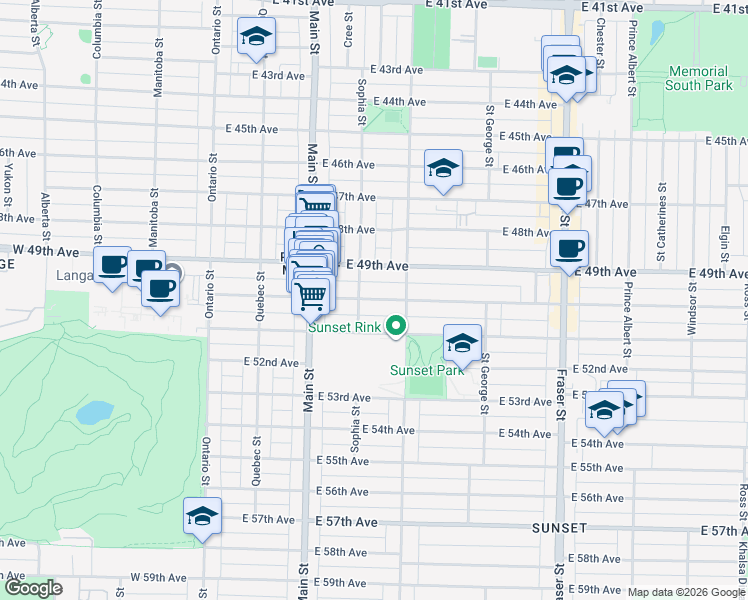 map of restaurants, bars, coffee shops, grocery stores, and more near 336 East 50th Avenue in Vancouver