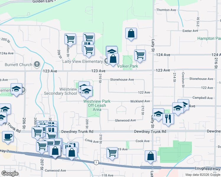map of restaurants, bars, coffee shops, grocery stores, and more near 21060 122 Avenue in Maple Ridge