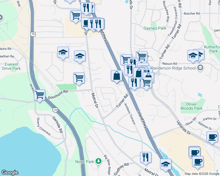 map of restaurants, bars, coffee shops, grocery stores, and more near Woodgrove Estates in Nanaimo