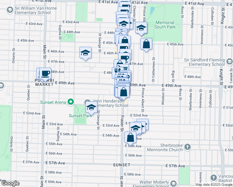 map of restaurants, bars, coffee shops, grocery stores, and more near 6594 Frederick Street in Vancouver