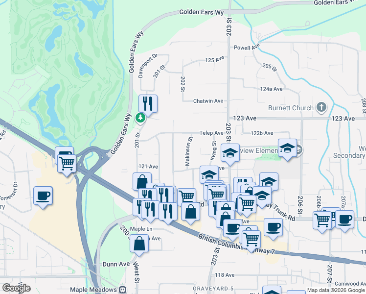 map of restaurants, bars, coffee shops, grocery stores, and more near 12193 Makinson Street in Maple Ridge