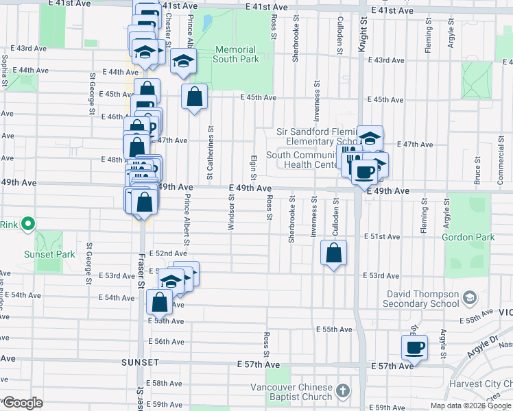 map of restaurants, bars, coffee shops, grocery stores, and more near 1071 East 50th Avenue in Vancouver