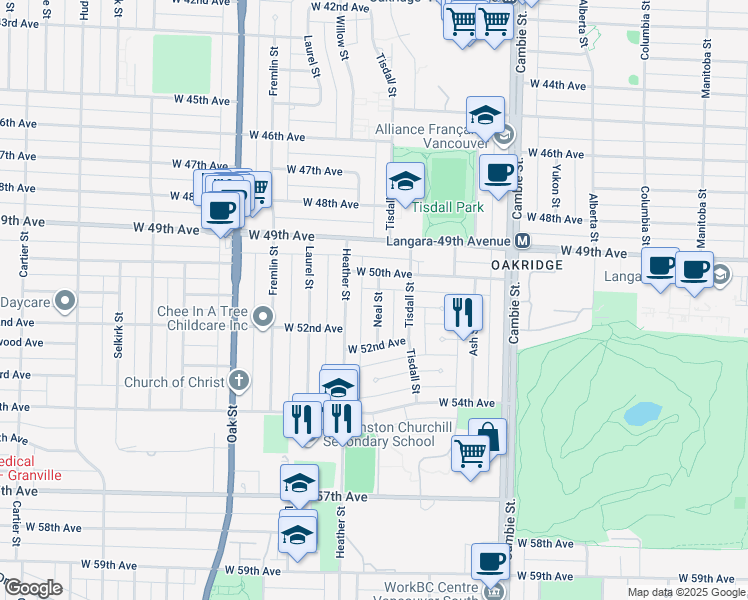 map of restaurants, bars, coffee shops, grocery stores, and more near 6633 Neal Street in Vancouver