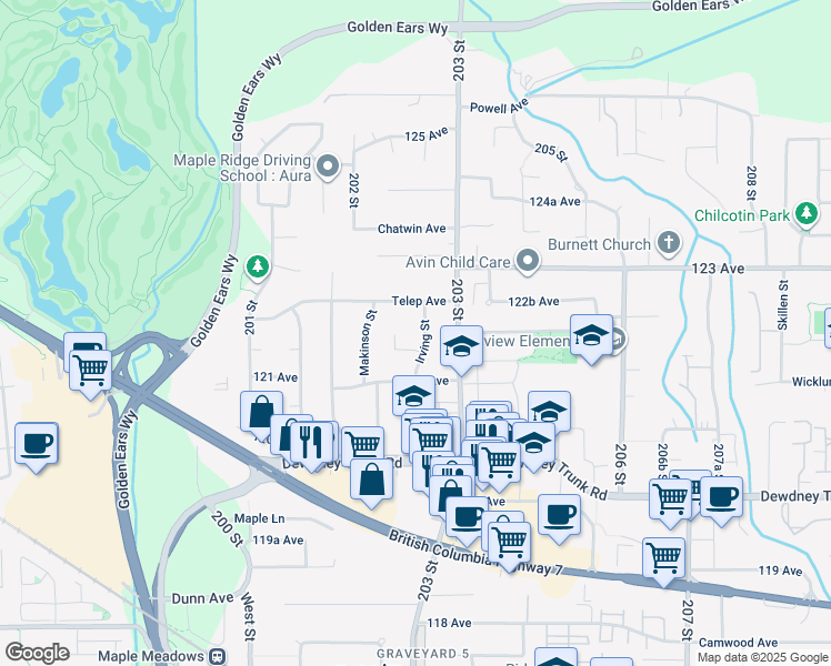 map of restaurants, bars, coffee shops, grocery stores, and more near 12201 Irving Street in Maple Ridge