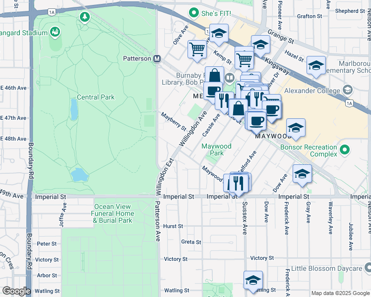 map of restaurants, bars, coffee shops, grocery stores, and more near 6468 Willingdon Avenue in Burnaby