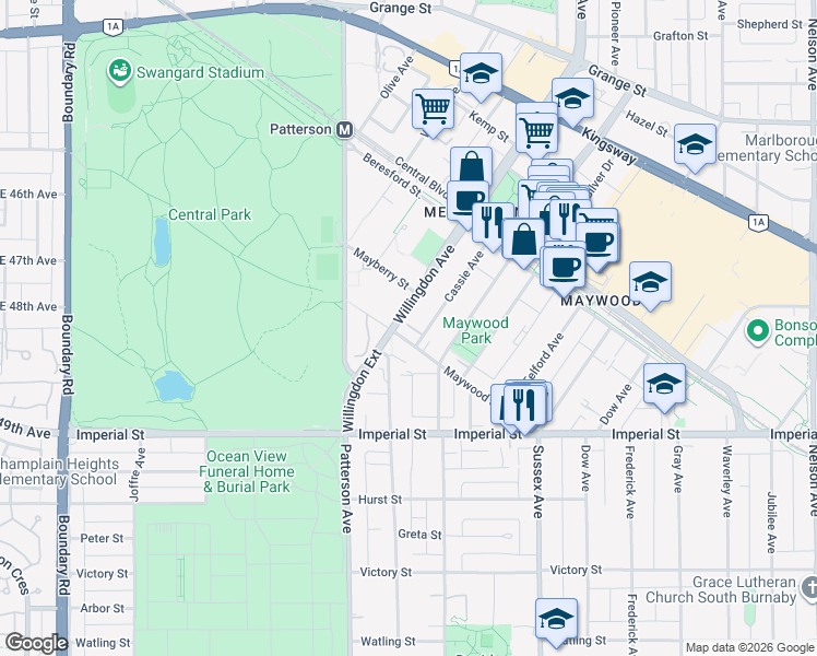 map of restaurants, bars, coffee shops, grocery stores, and more near in Burnaby