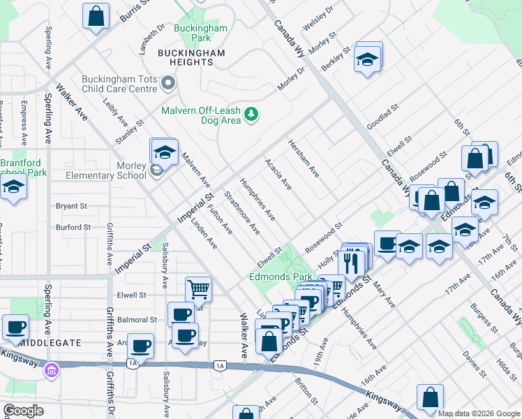 map of restaurants, bars, coffee shops, grocery stores, and more near 6739 Humphries Avenue in Burnaby