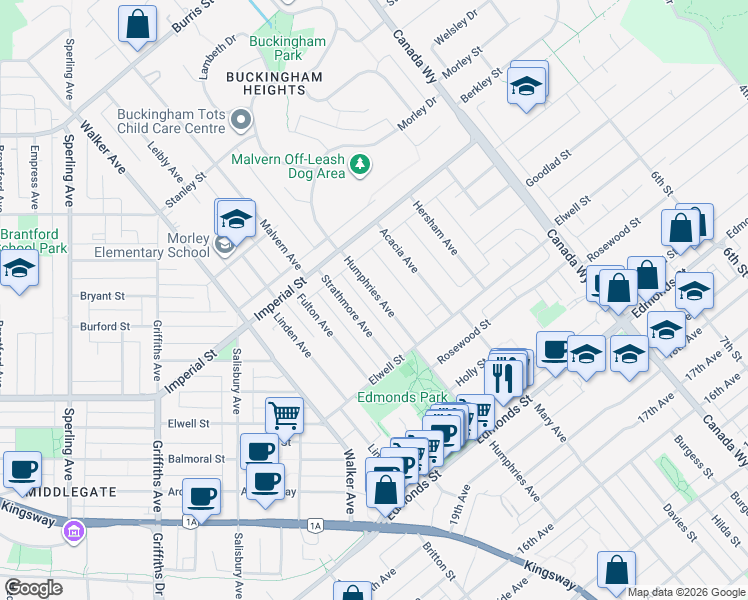 map of restaurants, bars, coffee shops, grocery stores, and more near 6739 Humphries Avenue in Burnaby