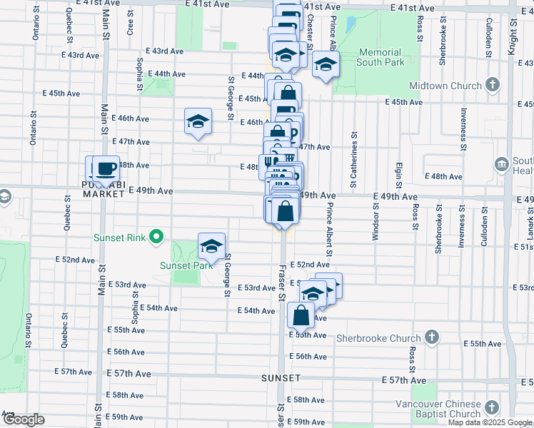 map of restaurants, bars, coffee shops, grocery stores, and more near 6594 Frederick Street in Vancouver