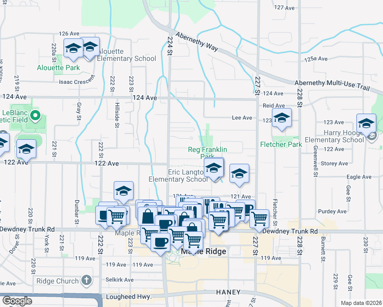 map of restaurants, bars, coffee shops, grocery stores, and more near 12186 224 Street in Maple Ridge