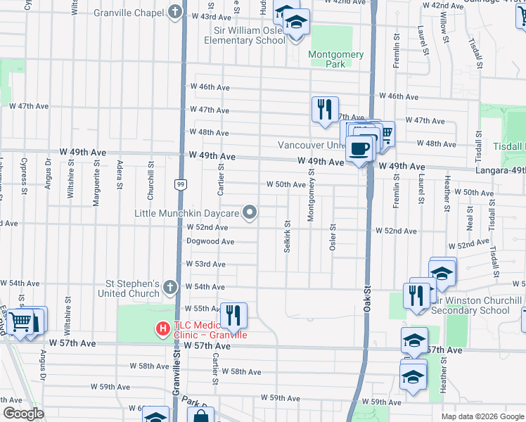 map of restaurants, bars, coffee shops, grocery stores, and more near 1288 West 51st Avenue in Vancouver
