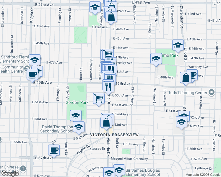 map of restaurants, bars, coffee shops, grocery stores, and more near 6530 Victoria Drive in Vancouver