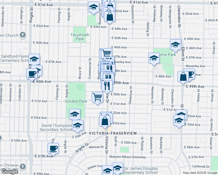 map of restaurants, bars, coffee shops, grocery stores, and more near 6530 Victoria Drive in Vancouver