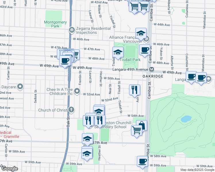 map of restaurants, bars, coffee shops, grocery stores, and more near 6633 Neal Street in Vancouver
