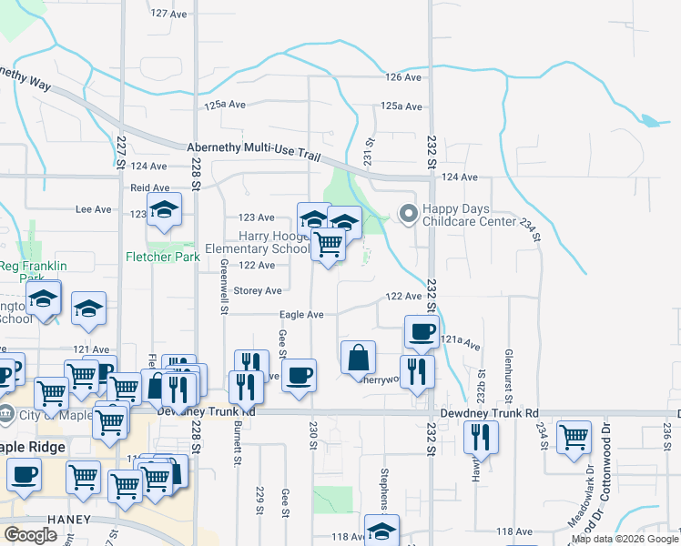 map of restaurants, bars, coffee shops, grocery stores, and more near 23019 122A Avenue in Maple Ridge