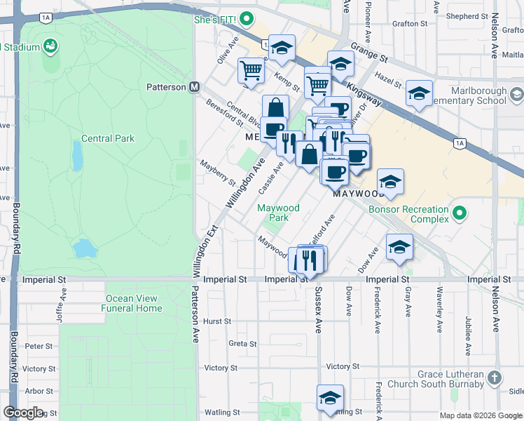 map of restaurants, bars, coffee shops, grocery stores, and more near 6533 McKay Avenue in Burnaby