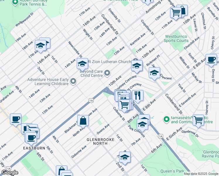 map of restaurants, bars, coffee shops, grocery stores, and more near 901 Colborne Street in New Westminster