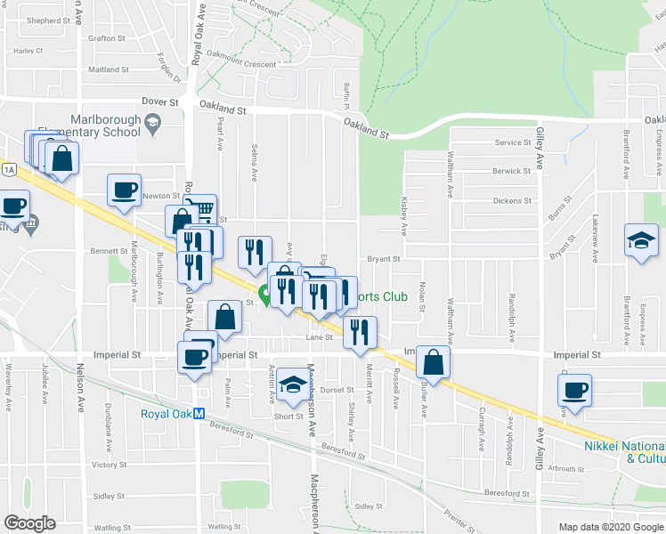 map of restaurants, bars, coffee shops, grocery stores, and more near 6618 Elgin Avenue in Burnaby