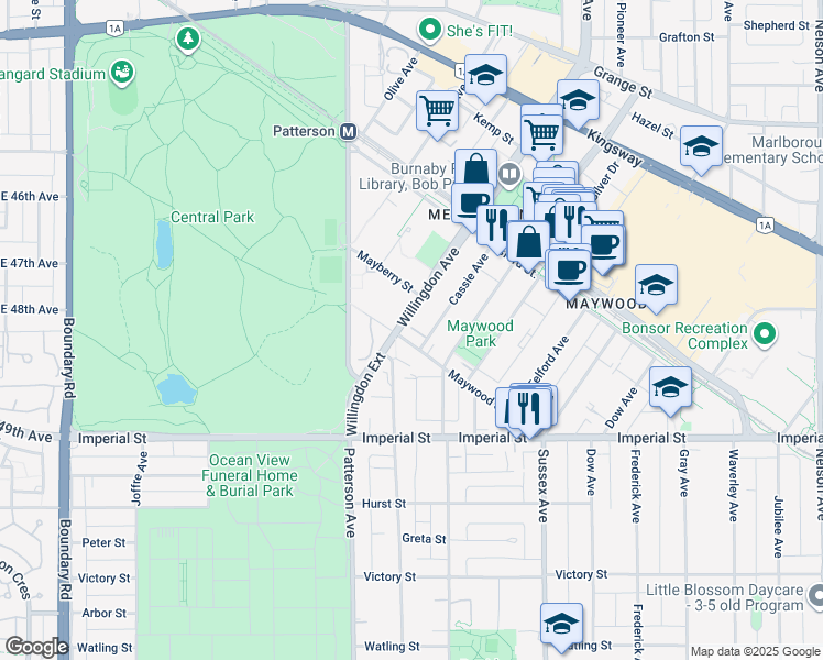 map of restaurants, bars, coffee shops, grocery stores, and more near in Burnaby