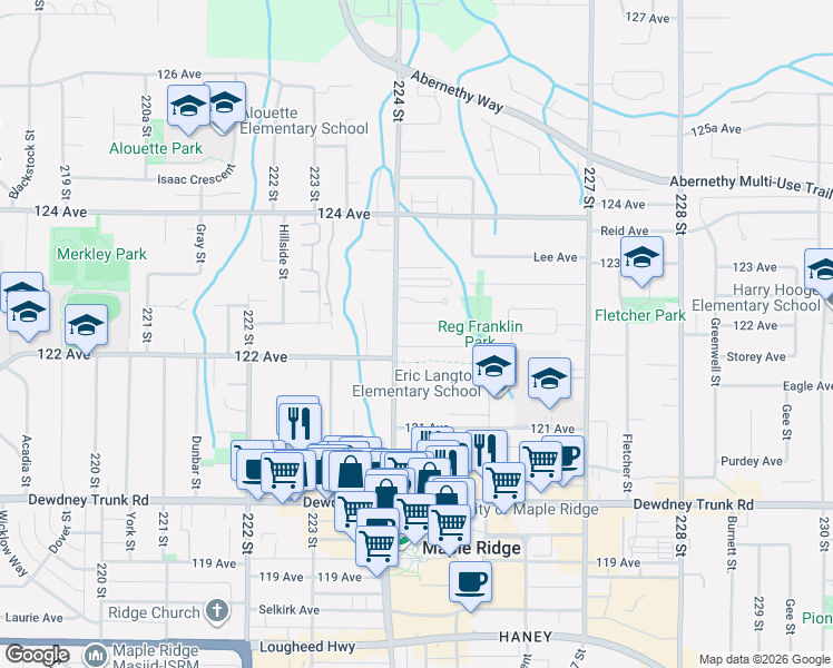 map of restaurants, bars, coffee shops, grocery stores, and more near 12238 224 Street in Maple Ridge