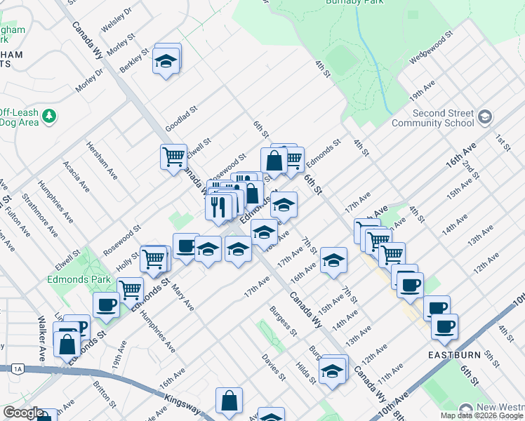 map of restaurants, bars, coffee shops, grocery stores, and more near 7774 Edmonds Street in Burnaby