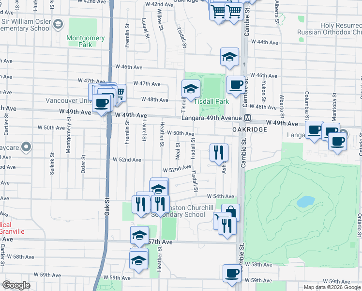 map of restaurants, bars, coffee shops, grocery stores, and more near 6650 Neal Street in Vancouver