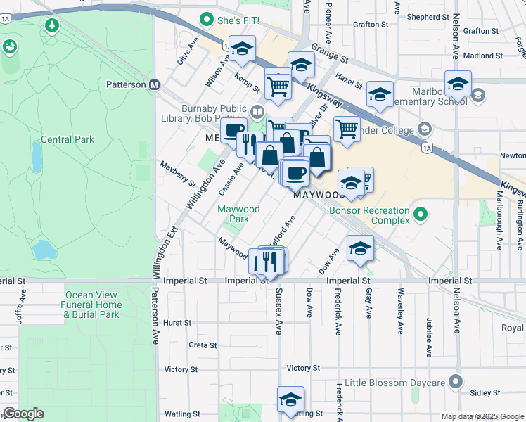 map of restaurants, bars, coffee shops, grocery stores, and more near 6444 Silver Avenue in Burnaby