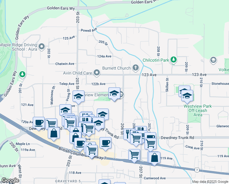 map of restaurants, bars, coffee shops, grocery stores, and more near 20558 122 Avenue in Maple Ridge