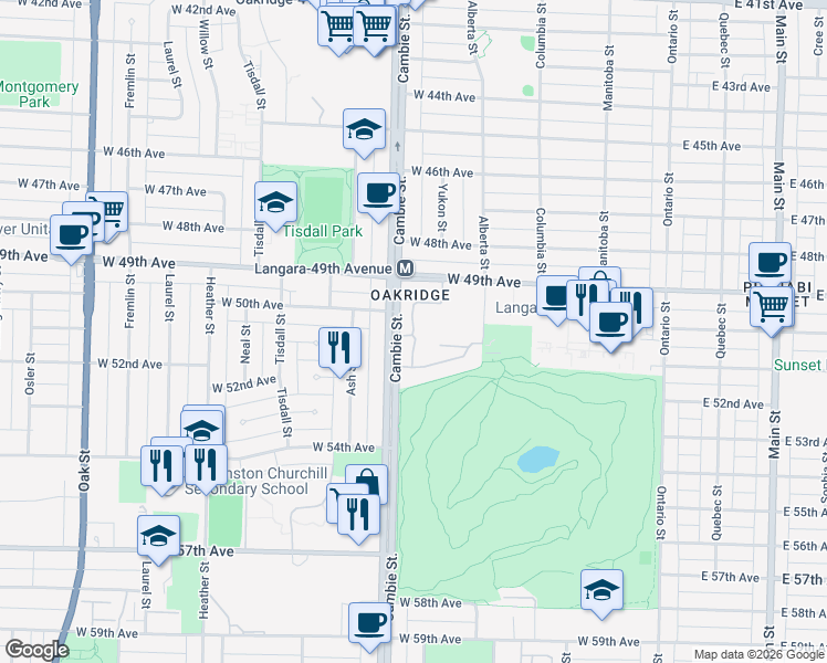 map of restaurants, bars, coffee shops, grocery stores, and more near 6561 Pinehurst Drive in Vancouver
