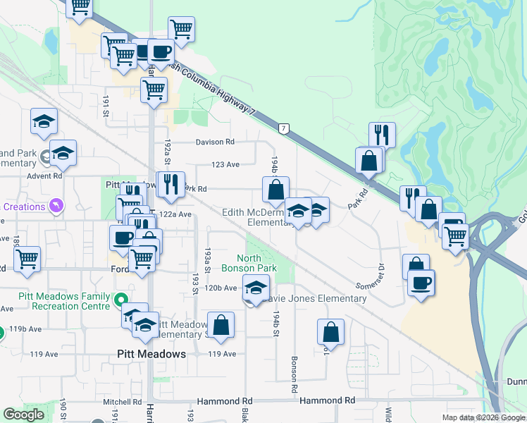 map of restaurants, bars, coffee shops, grocery stores, and more near 12223 Mcmyn Avenue in Pitt Meadows