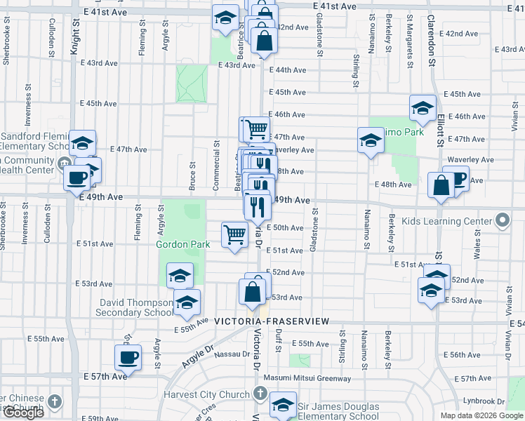 map of restaurants, bars, coffee shops, grocery stores, and more near 6528 Victoria Drive in Vancouver