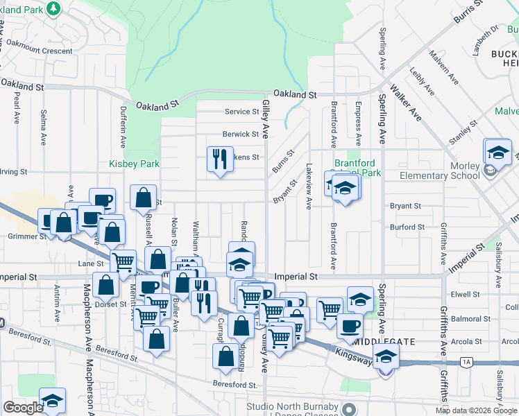 map of restaurants, bars, coffee shops, grocery stores, and more near 6264 Bryant Street in Burnaby