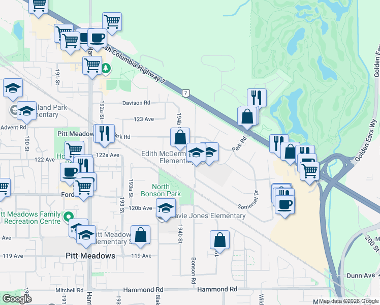 map of restaurants, bars, coffee shops, grocery stores, and more near 12227 Bonson Road in Pitt Meadows