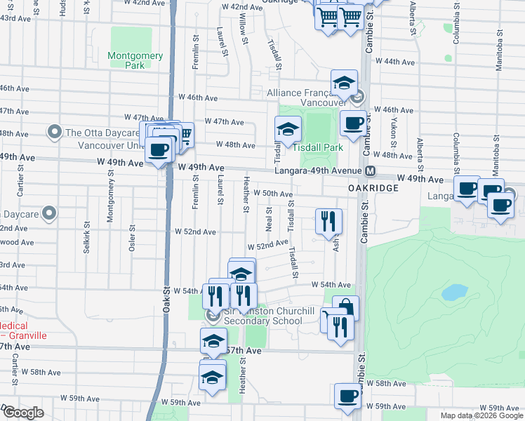 map of restaurants, bars, coffee shops, grocery stores, and more near in Vancouver
