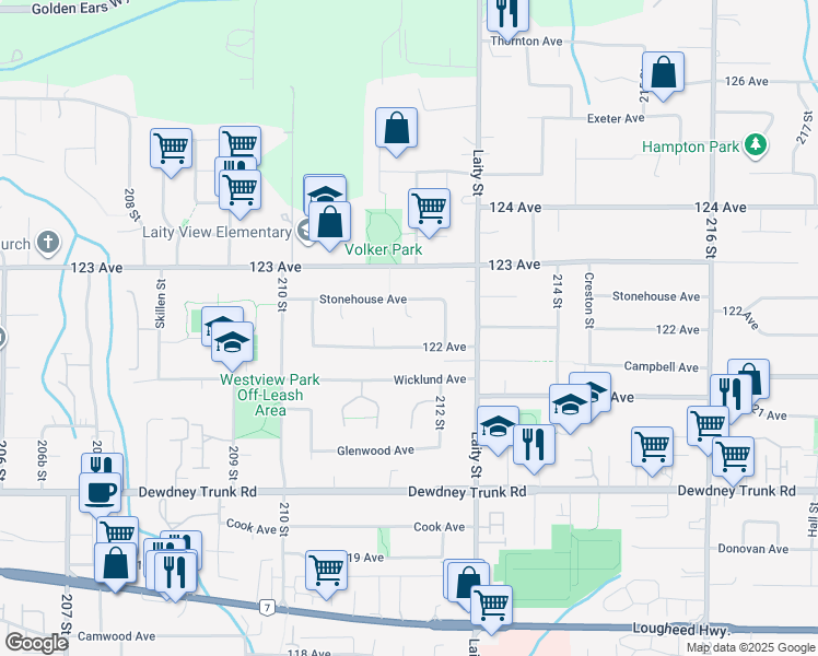 map of restaurants, bars, coffee shops, grocery stores, and more near 12235 Norfolk Place in Maple Ridge