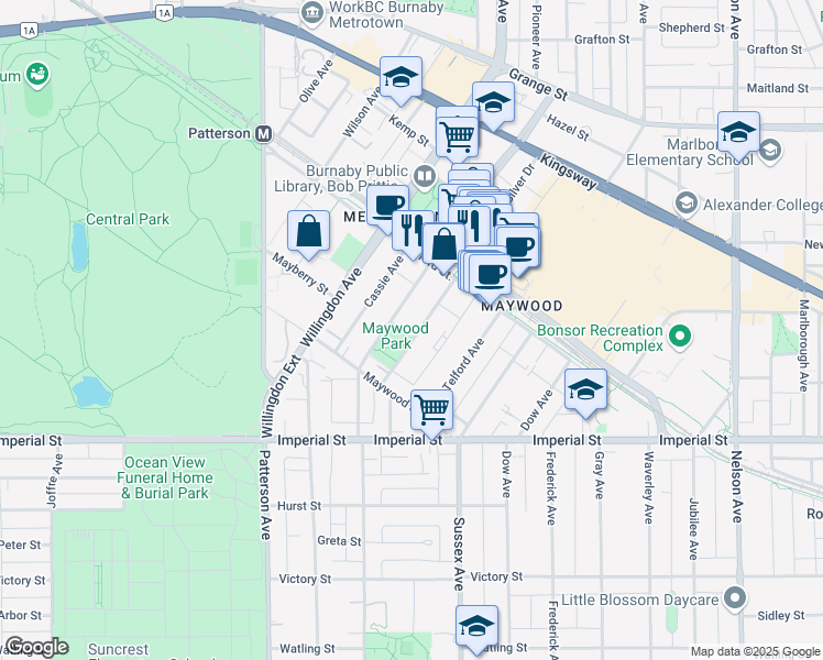 map of restaurants, bars, coffee shops, grocery stores, and more near 6463 Silver Avenue in Burnaby