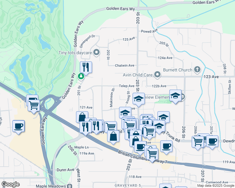 map of restaurants, bars, coffee shops, grocery stores, and more near 12193 Lindsay Place in Maple Ridge