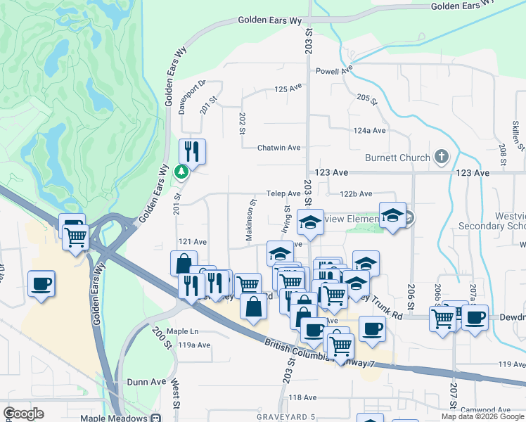 map of restaurants, bars, coffee shops, grocery stores, and more near 20271 Telep Avenue in Maple Ridge