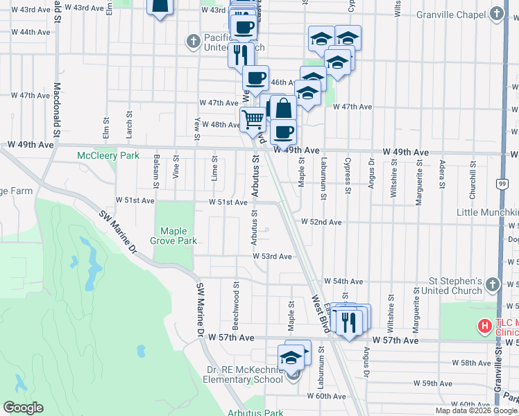 map of restaurants, bars, coffee shops, grocery stores, and more near 6718 Arbutus Street in Vancouver