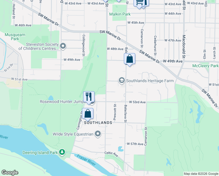 map of restaurants, bars, coffee shops, grocery stores, and more near 6786 Blenheim Street in Vancouver