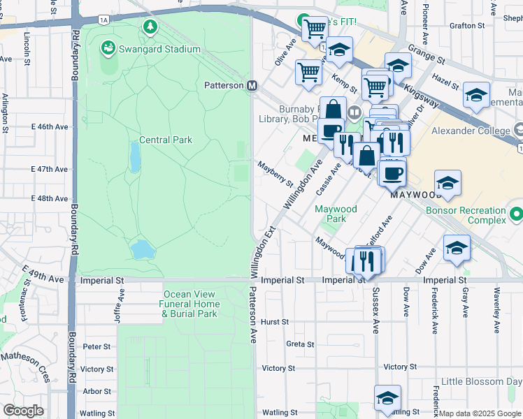 map of restaurants, bars, coffee shops, grocery stores, and more near 4134 Maywood Street in Burnaby