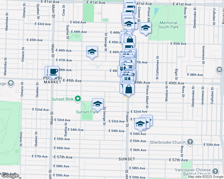 map of restaurants, bars, coffee shops, grocery stores, and more near 565 East 50th Avenue in Vancouver