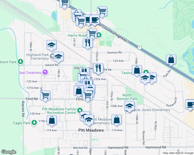map of restaurants, bars, coffee shops, grocery stores, and more near in Pitt Meadows