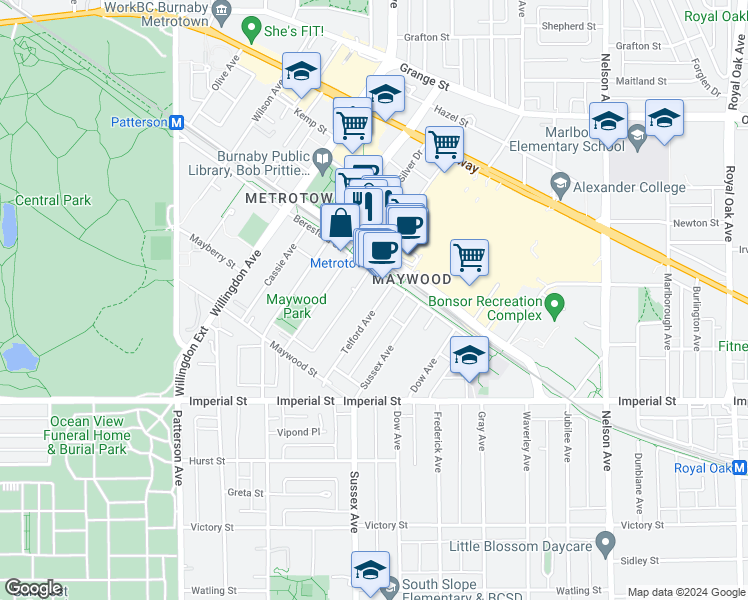 map of restaurants, bars, coffee shops, grocery stores, and more near 6471 Telford Avenue in Burnaby