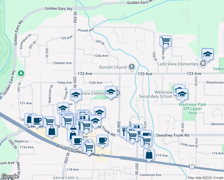 map of restaurants, bars, coffee shops, grocery stores, and more near 12 205B Street in Maple Ridge