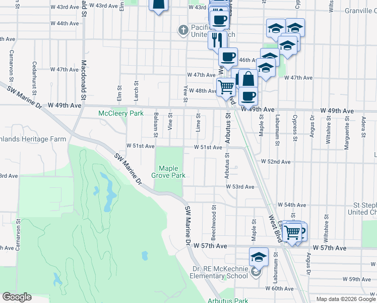 map of restaurants, bars, coffee shops, grocery stores, and more near 6708 Yew Street in Vancouver