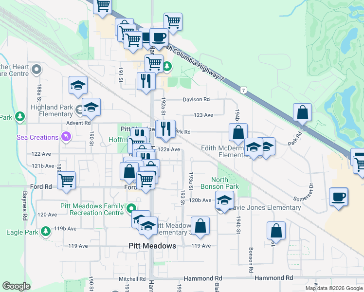map of restaurants, bars, coffee shops, grocery stores, and more near 19283 122A Avenue in Pitt Meadows